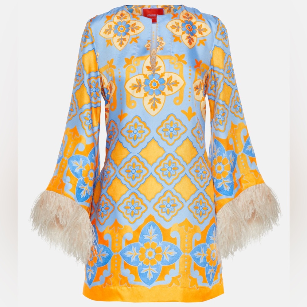 LA DOUBLEJ Printed feather-trimmed silk minidress